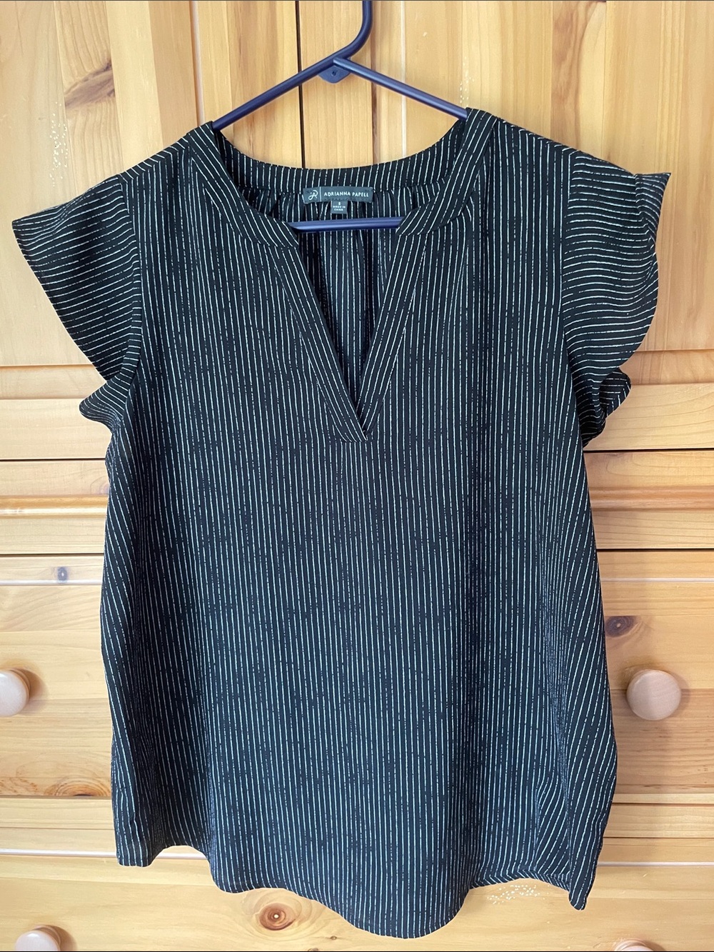 Adrianna Papell Black Pinstripe Short Sleeve V-Neck Blouse